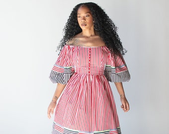Striped Dress w/ Puff Sleeves | Victor Costa