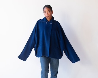 Vintage 80s Blue Wool Coat: Double Breasted Short Jacket - Etsy