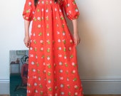 1970s Orange Floral Print Puff Sleeve Dress Vintage Marimekko Maxi Dress 1977