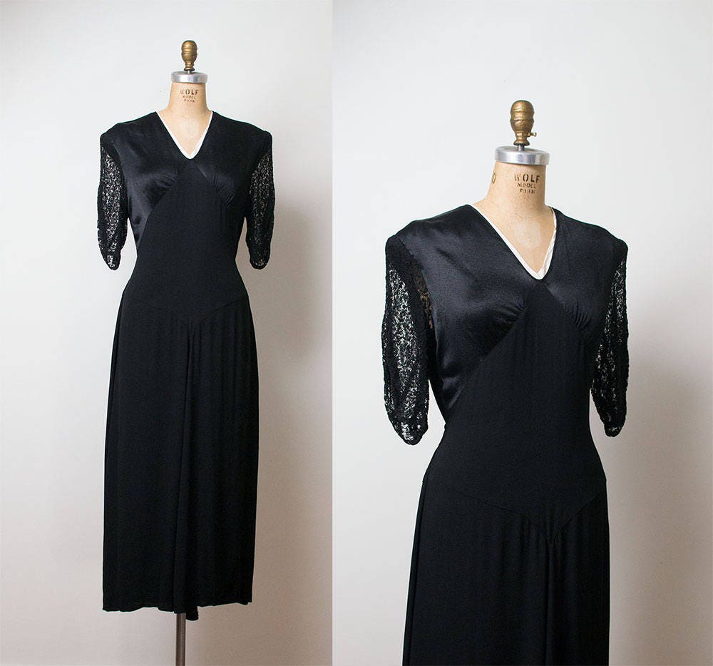 1940s Satin Dress / 40s Black Lace Dress | Etsy