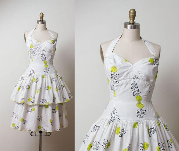 1950s Rose Print Dress / 50s Peplum Halter Dress