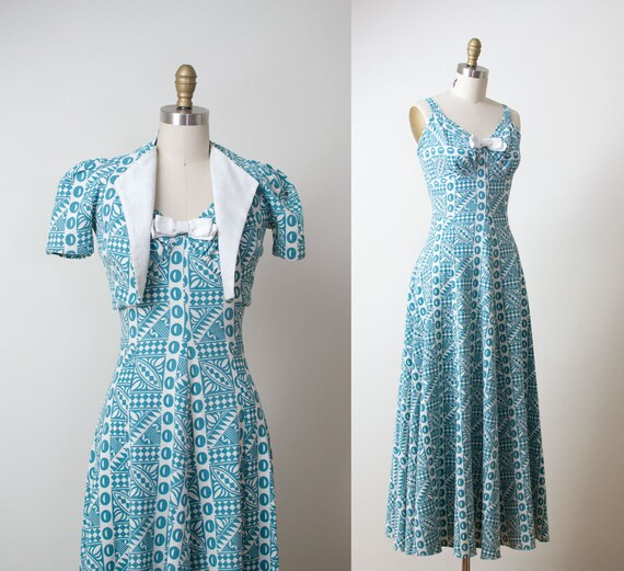 1930s Dress / 30s Printed Cotton Pique Gown & Bole