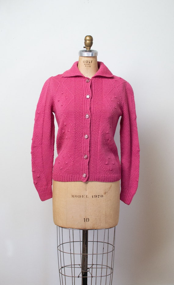 Vintage Hand knit Wool Sweater | 1960s Pink Cardig