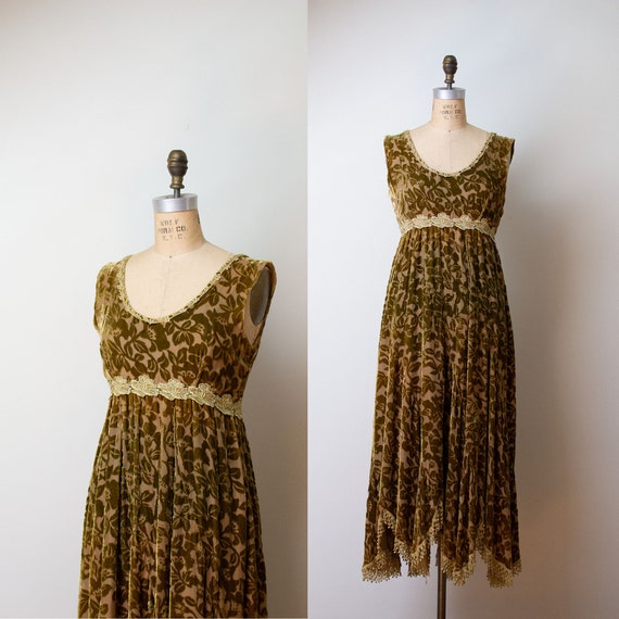 1990s Devore Velvet Dress / 90s Olive Green Burnou