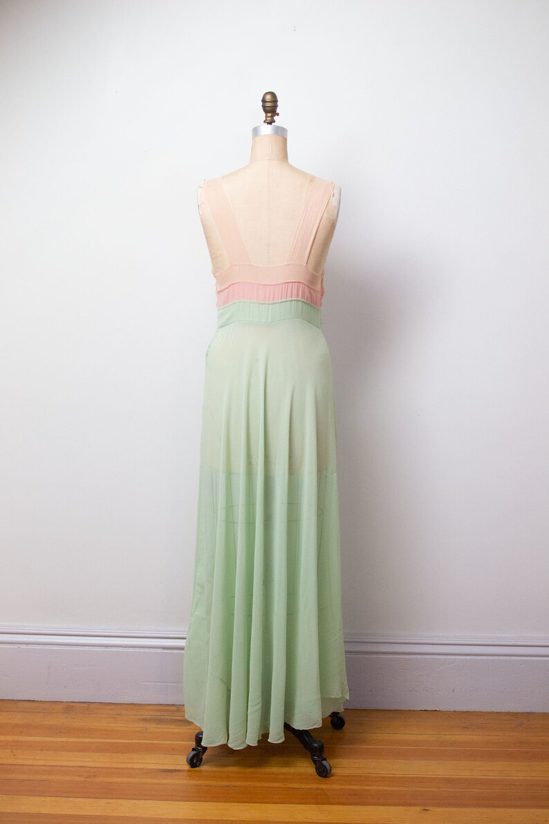 1940s Chiffon Cut Out Gown / 30s 40s Sheer Pastel Color Block Dress image 5