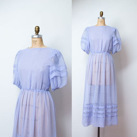1980s Sheer Puff Sleeve Dress / 80s Periwinkle Chi