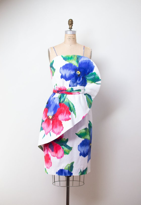 1980s Sculptural Floral Print Dress \ 80s Cotton S