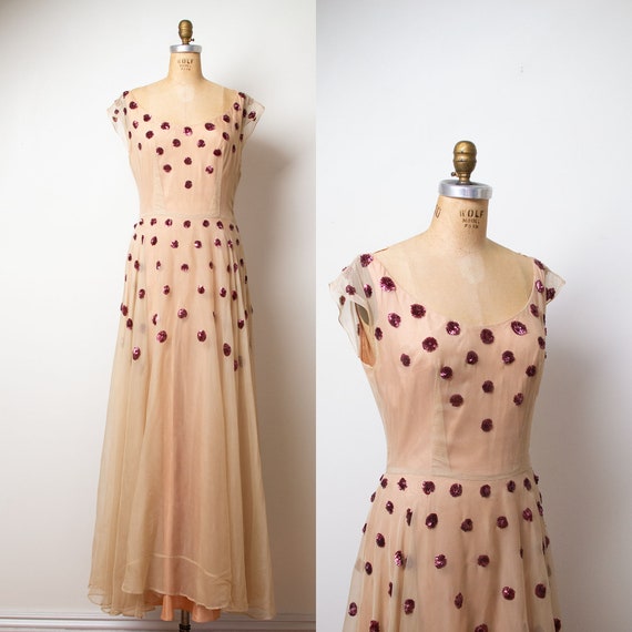1940s Sequin Evening Gown / 40s Sheer Beige Dress