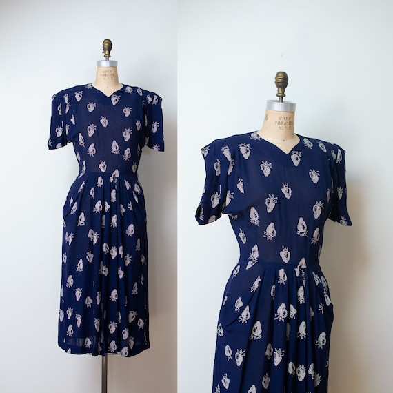 1940s Navy Blue Strawberry Print Dress / 40s Fruit