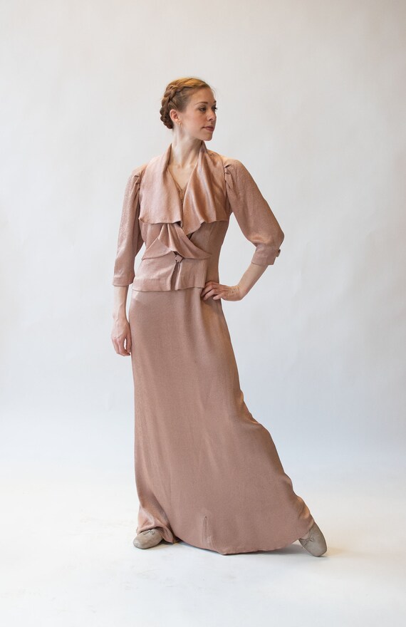 Stunning 1930s Hammered Silk Satin Deep Red Dress w Low Back & Unusual Sleeves