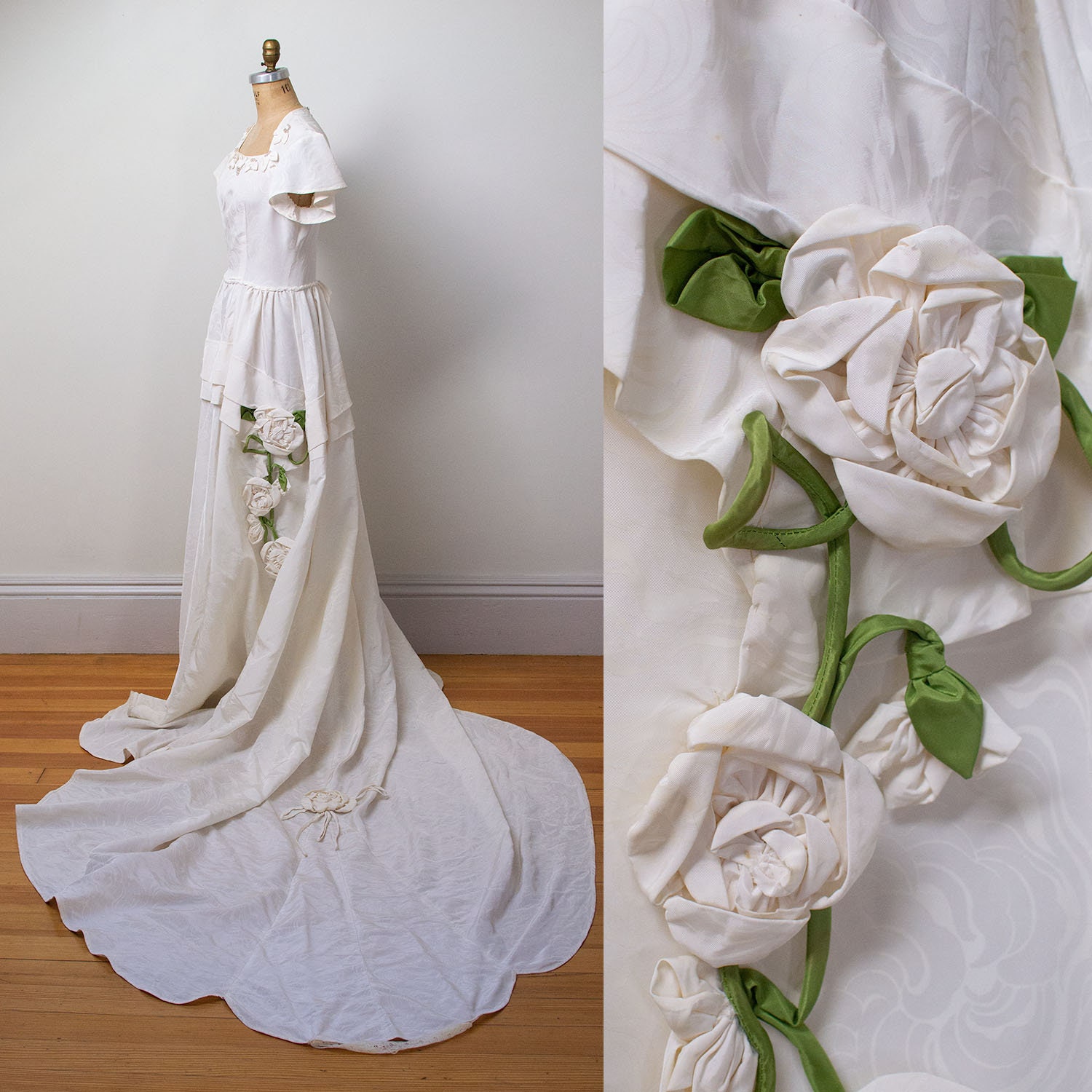 1940s Wedding Gown 40s Taffeta Moire Floral Applique Wedding Etsy