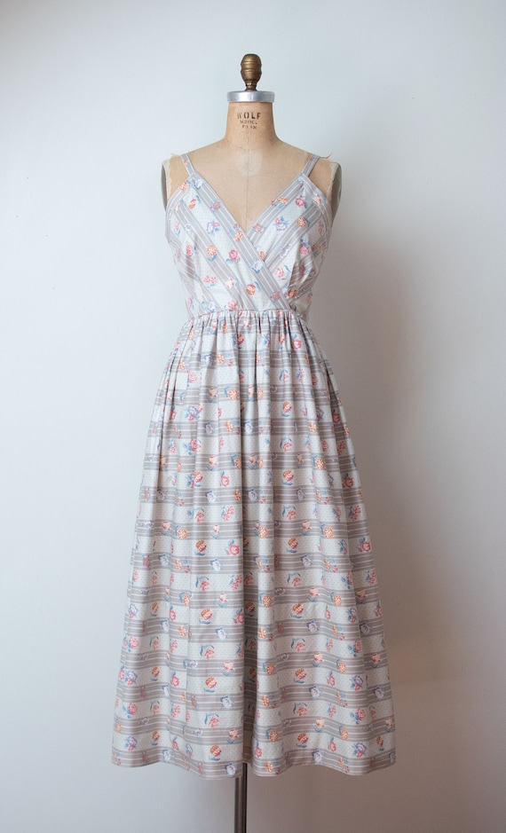 1970s Floral Print Sundress / 70s Beige Dress - image 1