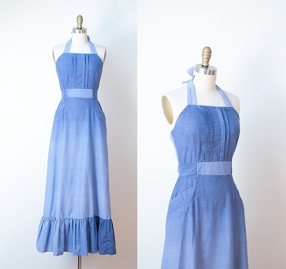 1970s Chambray Maxi Dress / 70s Ombre Halter Dress