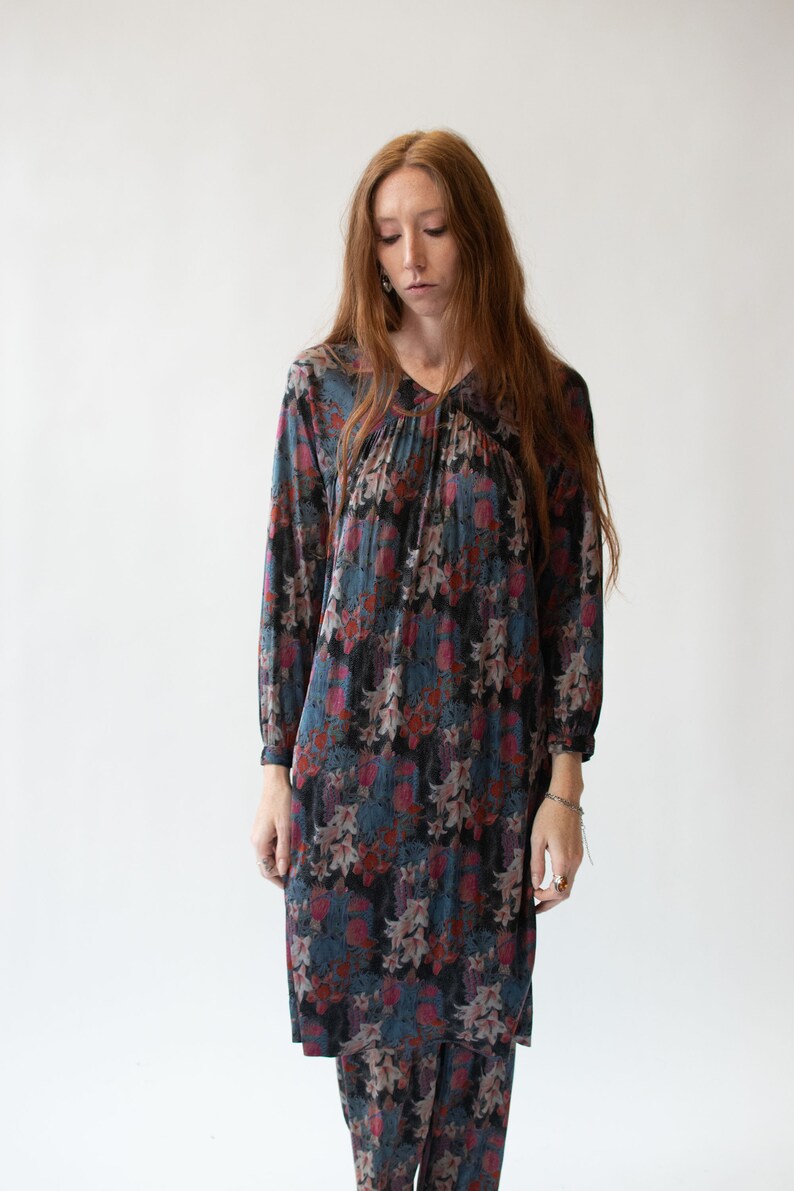 1970s Floral Print Silk Jersey Set Vintage 70s Missoni Tunic and Pants image 2