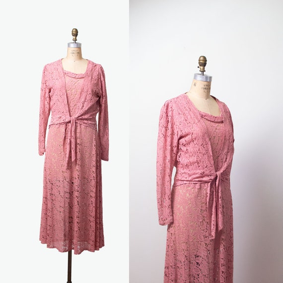 1930s Pink Lace Dress / 30s Dress and Blouse Jacke