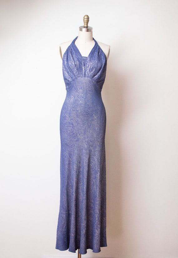 1930s Blue Lame Gown / 30s Halter Dress