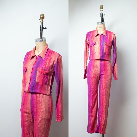 1980s Ombre Lurex Jumpsuit / 70s 80s Indian Cotton