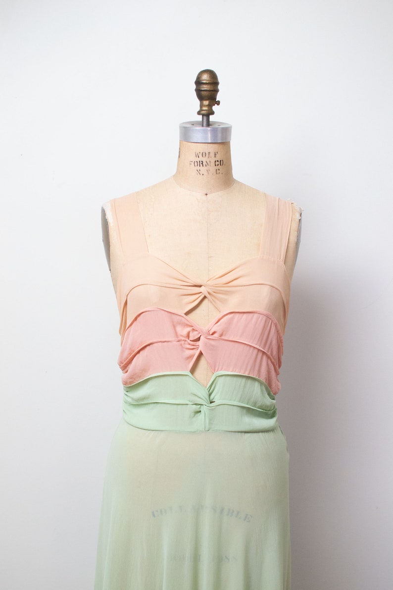 1940s Chiffon Cut Out Gown / 30s 40s Sheer Pastel Color Block Dress image 2