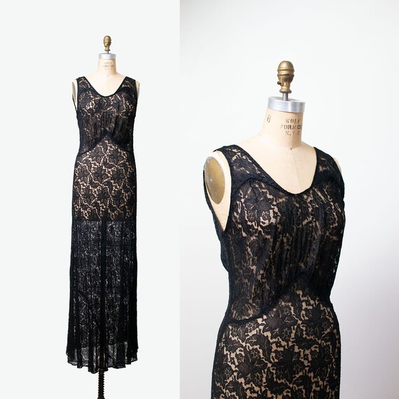 1930s Black Lace Gown / 30s Bias Cut Dress