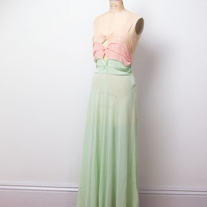 1940s Chiffon Cut Out Gown / 30s 40s Sheer Pastel Color Block Dress image 3