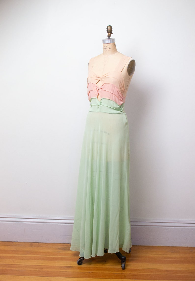 1940s Chiffon Cut Out Gown / 30s 40s Sheer Pastel Color Block Dress image 3