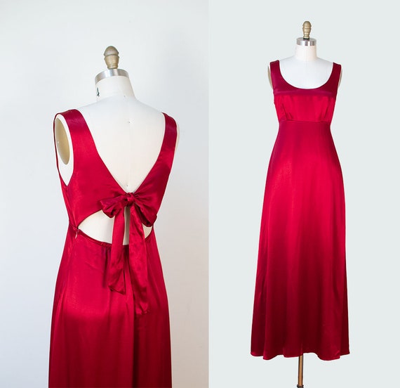 1990s Red Satin Gown / 30s Style Open Back Evening