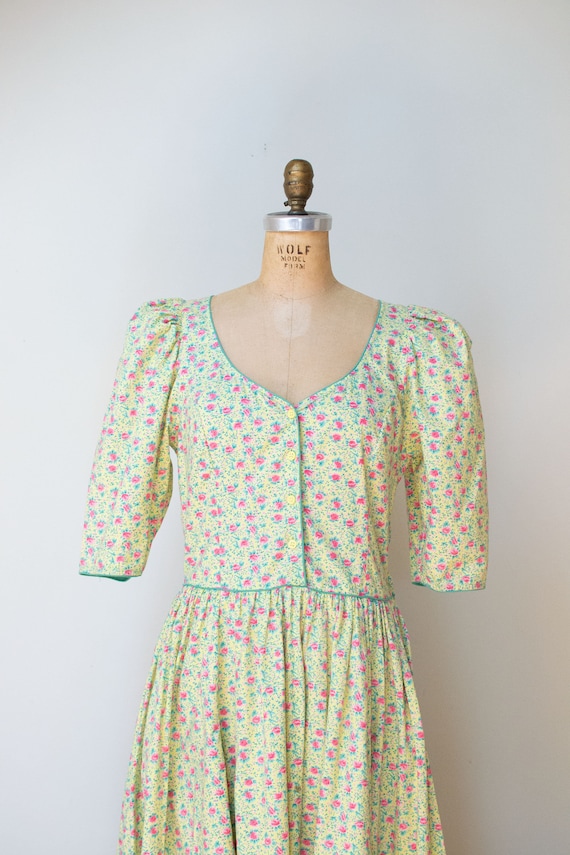 1980s Floral Print Dress / 80s Puff Sleeve Cotton