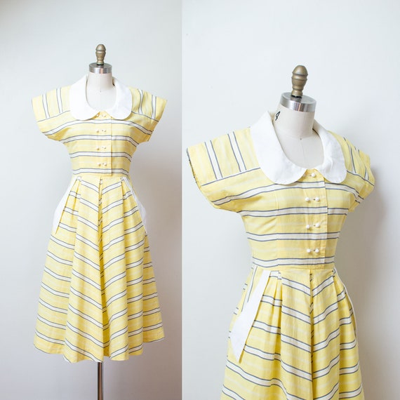 1940s Pale Yellow Striped Sundress / 40s Cotton Dress A n' | Etsy