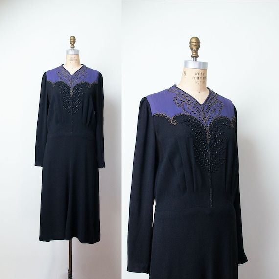 1940s Rayon Dress / 40s Color Block Beaded Dress E