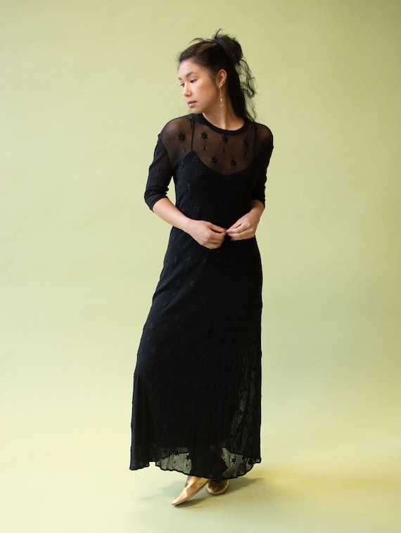 1990s Black Embroidered Mesh Dress | Vivienne Tam - image 1