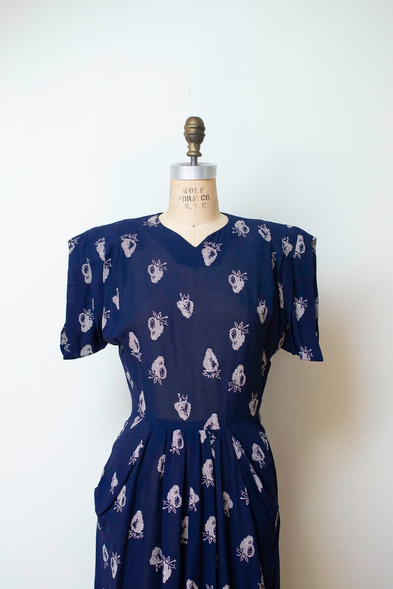 1940s Navy Blue Strawberry Print Dress / 40s Fruit Print Rayon | Etsy