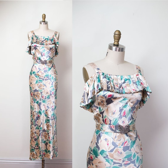 1930s Floral Print Satin Gown / 30s Rose Print NRA
