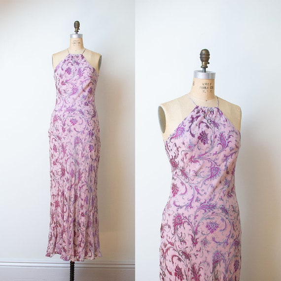 1990s Bias Cut Gown / 90s Laundry Paisley Chiffon