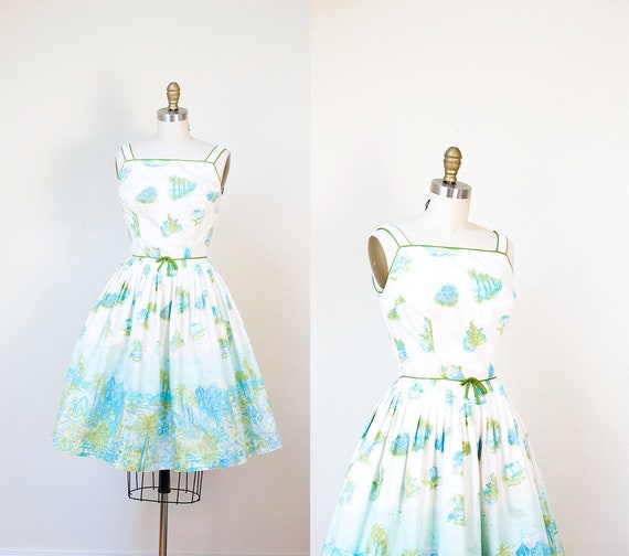 1950s Novelty Print Dress / 50s Tropical Border Pr