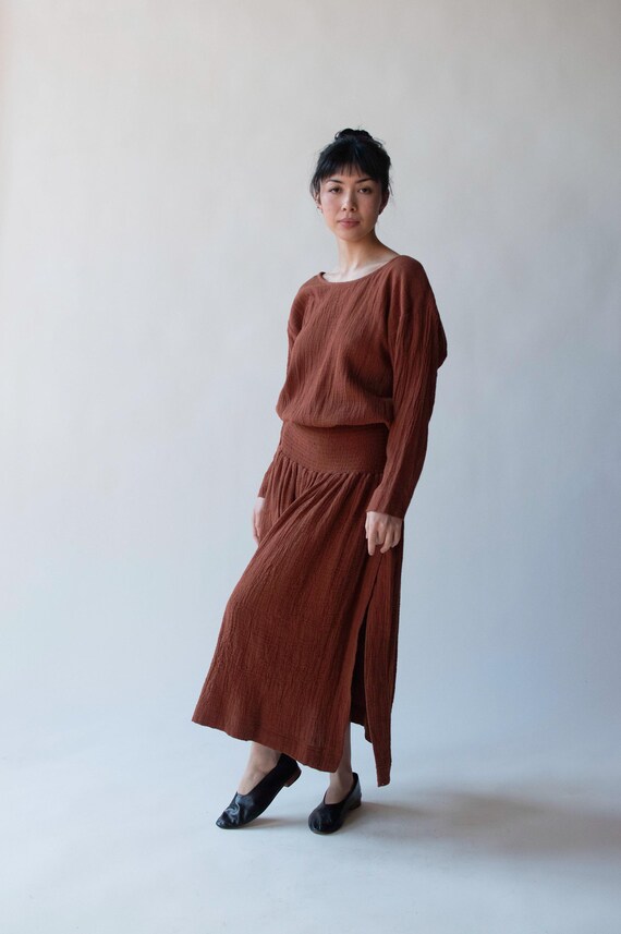 brown gauze dress Ruched Neck Cotton Gauze Dress – Good Karma