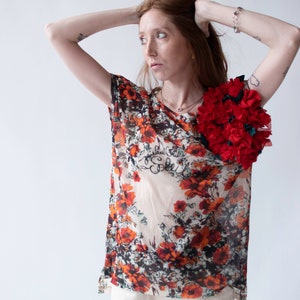 Printed Mesh Top w/ Poppies | Jean Paul Gaultier