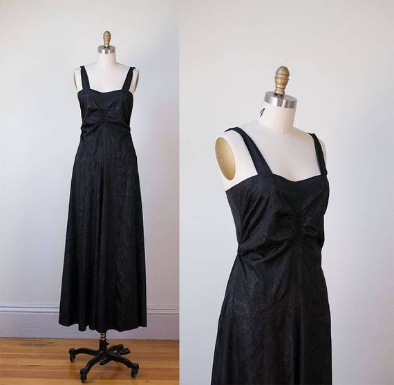 1930s Gown / 30s Black Moire Taffeta Dress