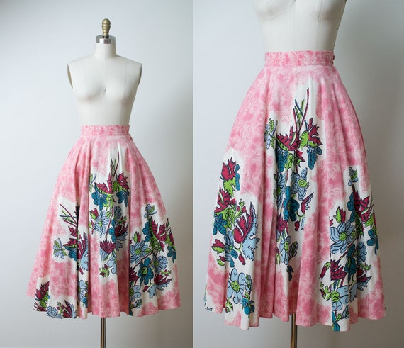 1950s Floral Print Skirt / 50s Pink Circle Skirt