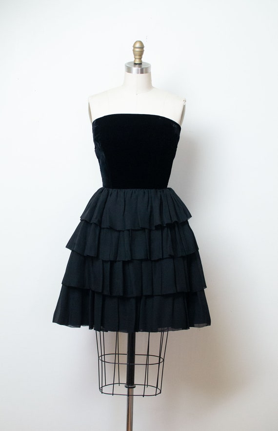 1960s Strapless Black Ruffled Dress | 60s Cocktail
