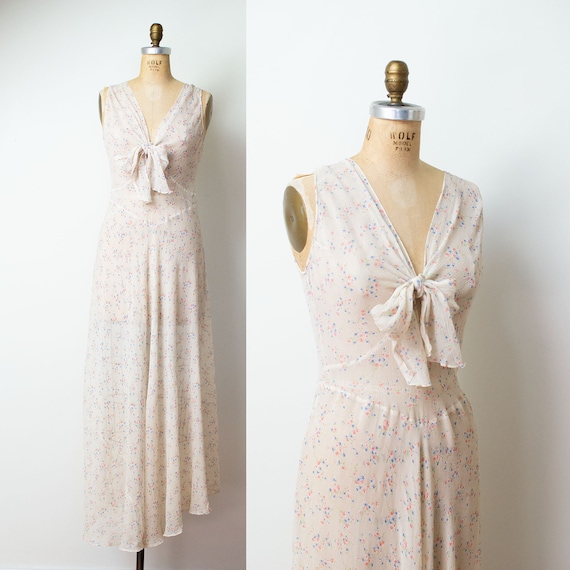 1930s Floral Print Gown / 30s Sheer Chiffon Dress