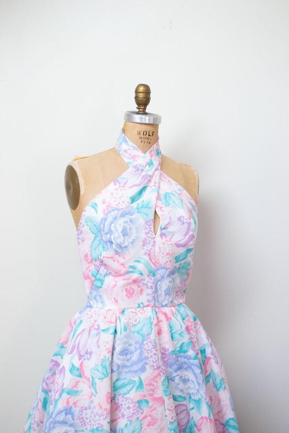 1980s Floral Print Halter Dress / 80s Cotton Sundr