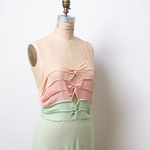 1940s Chiffon Cut Out Gown / 30s 40s Sheer Pastel Color Block Dress image 4