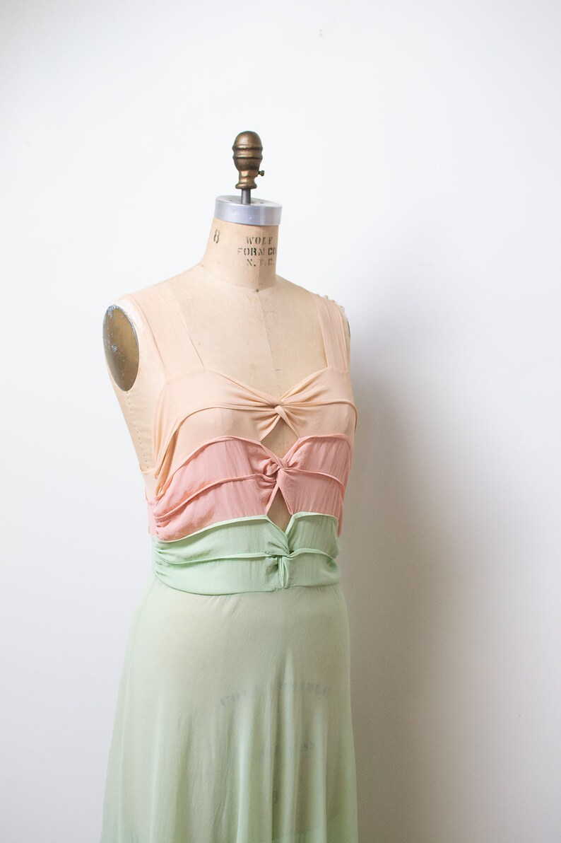 1940s Chiffon Cut Out Gown / 30s 40s Sheer Pastel Color Block Dress image 4