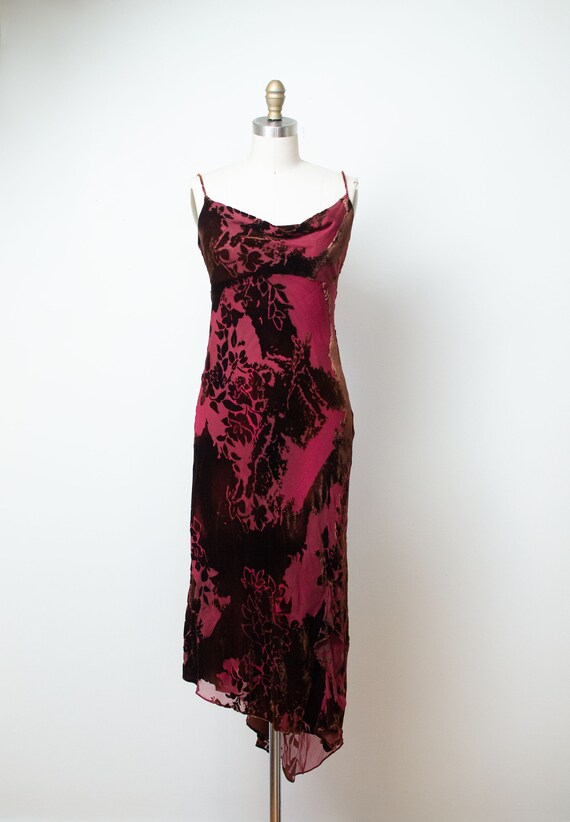 1990s Burnout Velvet Dress / 90s Bias Cut Slip Dre