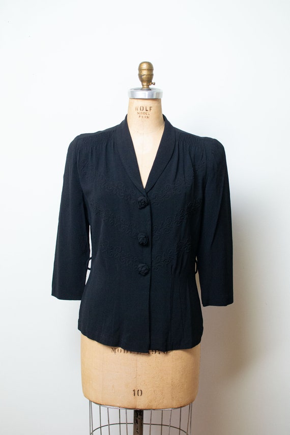 1940s Trapunto Black Rayon Jacket / 40s Top