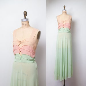1940s Chiffon Cut Out Gown / 30s 40s Sheer Pastel Color Block Dress image 1
