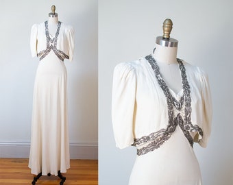 1930s White Crepe Wedding Gown / 30s Evening Gown