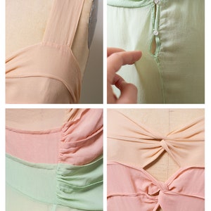 1940s Chiffon Cut Out Gown / 30s 40s Sheer Pastel Color Block Dress image 9