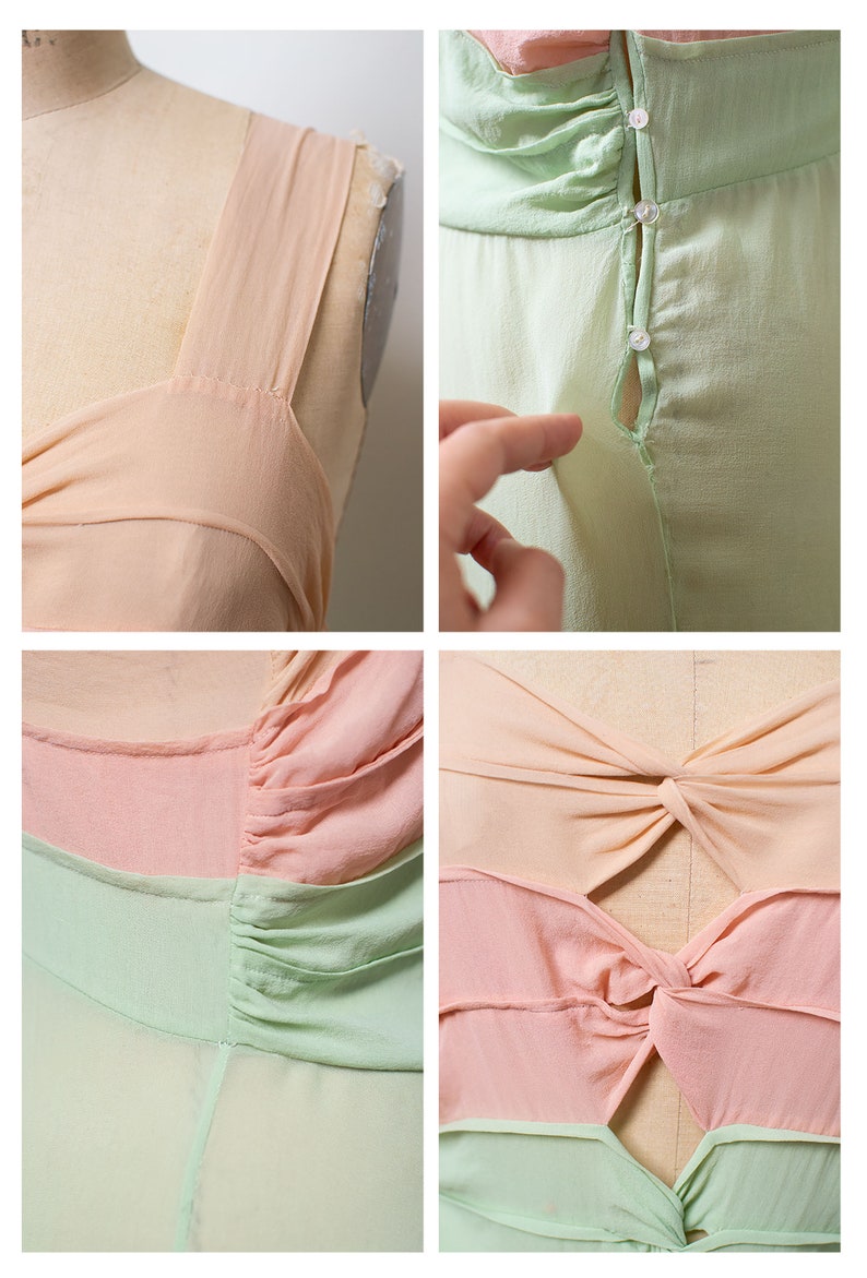 1940s Chiffon Cut Out Gown / 30s 40s Sheer Pastel Color Block Dress image 9