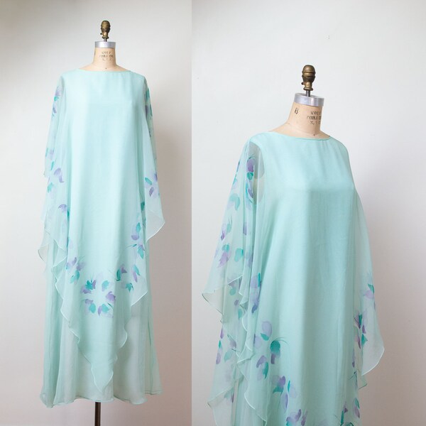 1970er Jahre Dan Lee Couture gemalt Chiffon Kleid / 70er Jahre diaphanous Meer-Schaum Kaftan Kleid